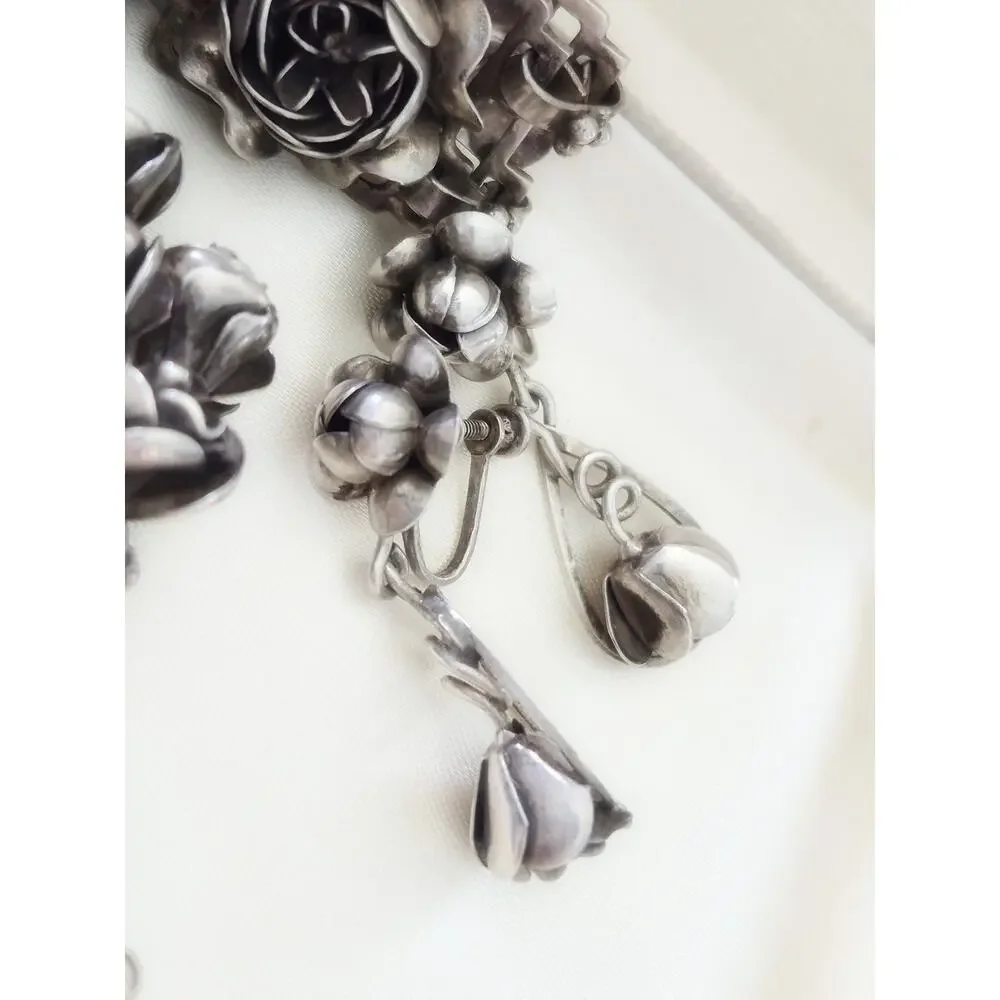 Vintage 1940s Sterling Hobe Rose Floral Bracelet Earring and Brooch Set